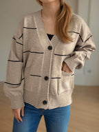 Striped Button Down V-Neck Long Sleeve Cardigan - Delanoir