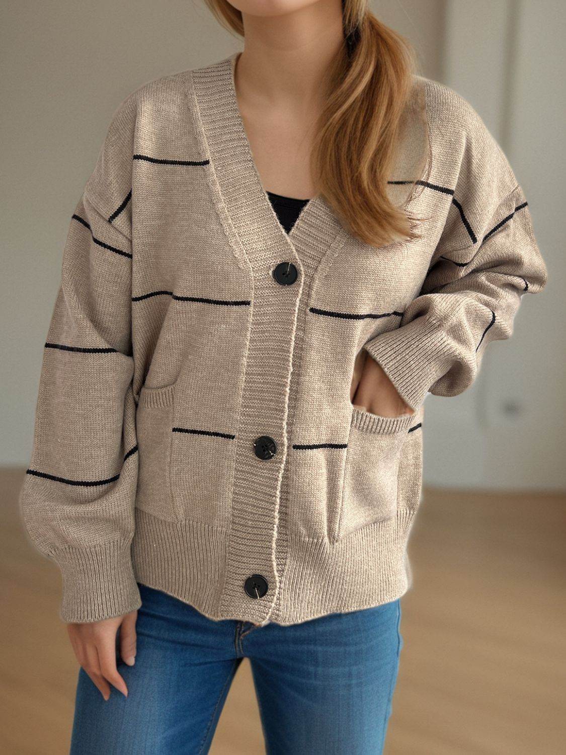 Striped Button Down V-Neck Long Sleeve Cardigan - Delanoir