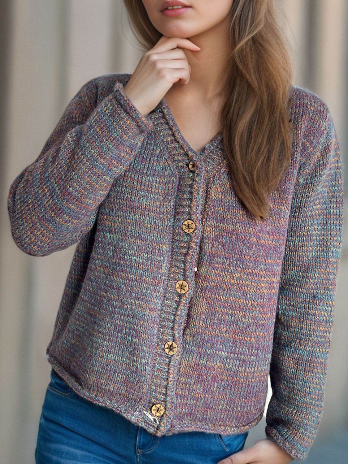 Heathered V-Neck Long Sleeve Cardigan - Delanoir