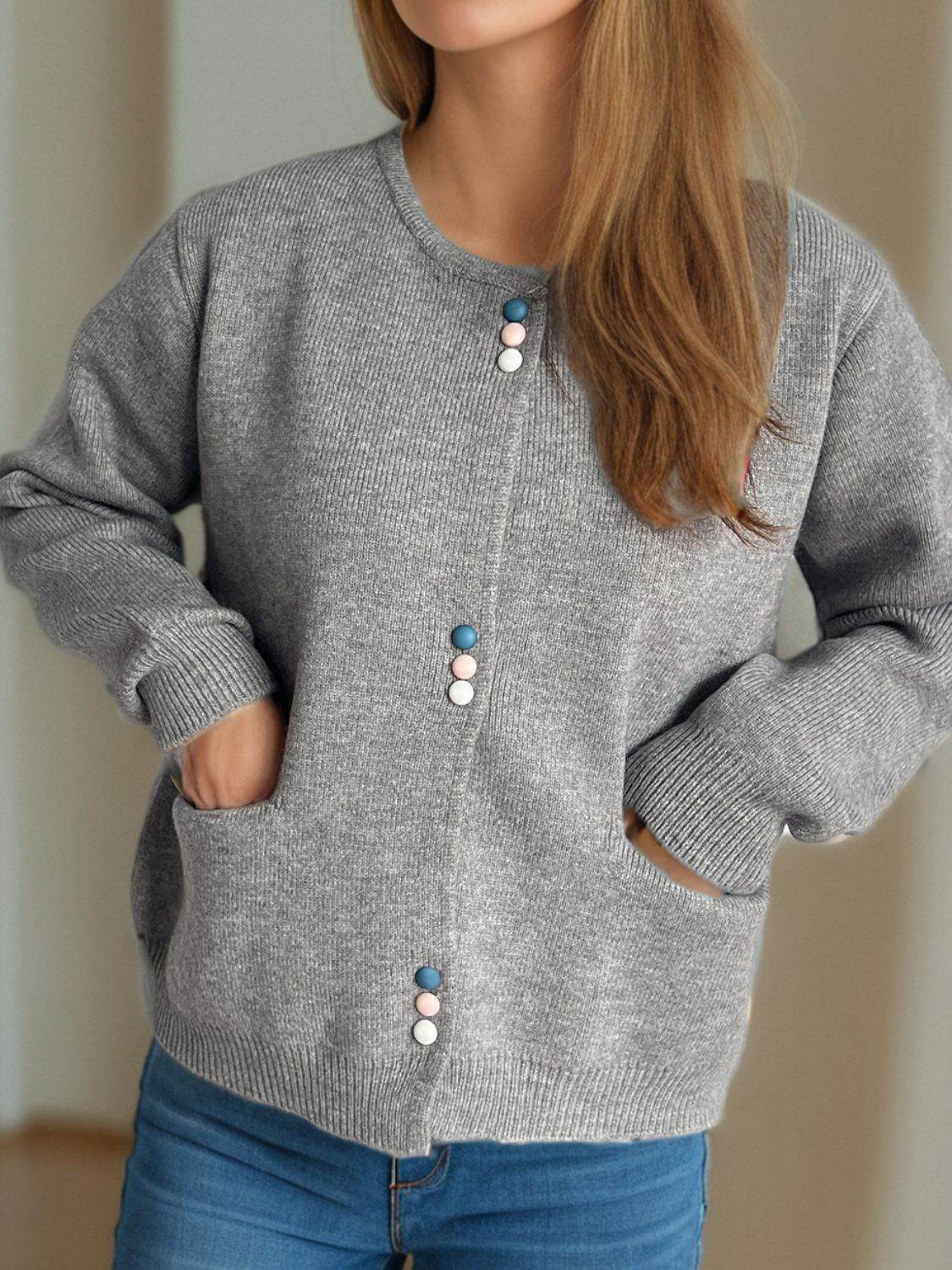 Button Down Long Sleeve Cardigan with Pockets - Delanoir