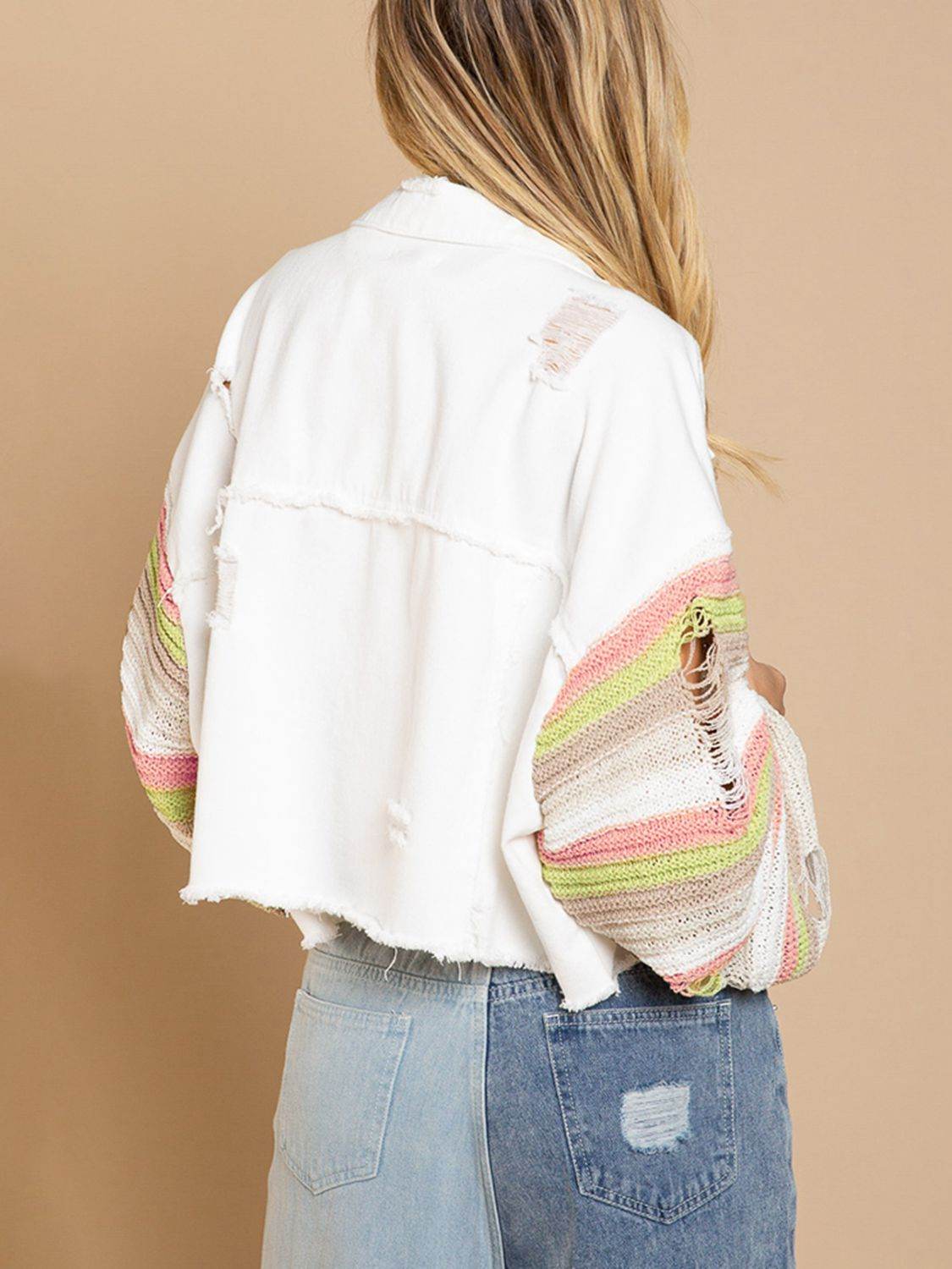 Distressed Striped Long Sleeve Denim Jacket - Delanoir