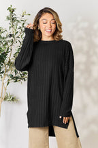 Basic Bae Full Size Ribbed Round Neck Long Sleeve Slit Top - Delanoir