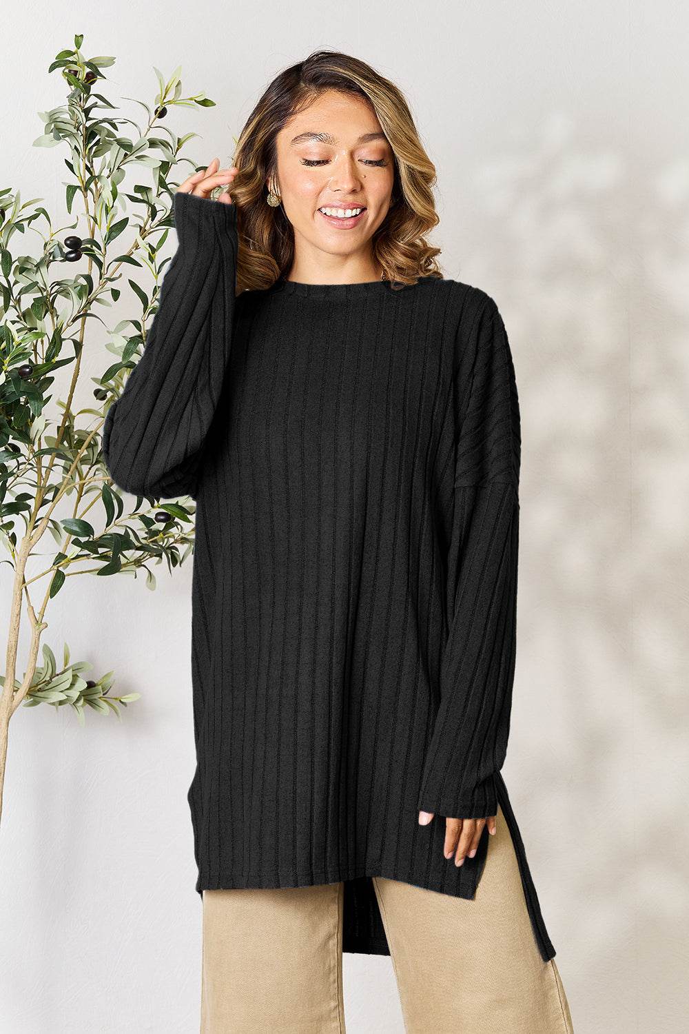 Basic Bae Full Size Ribbed Round Neck Long Sleeve Slit Top - Delanoir