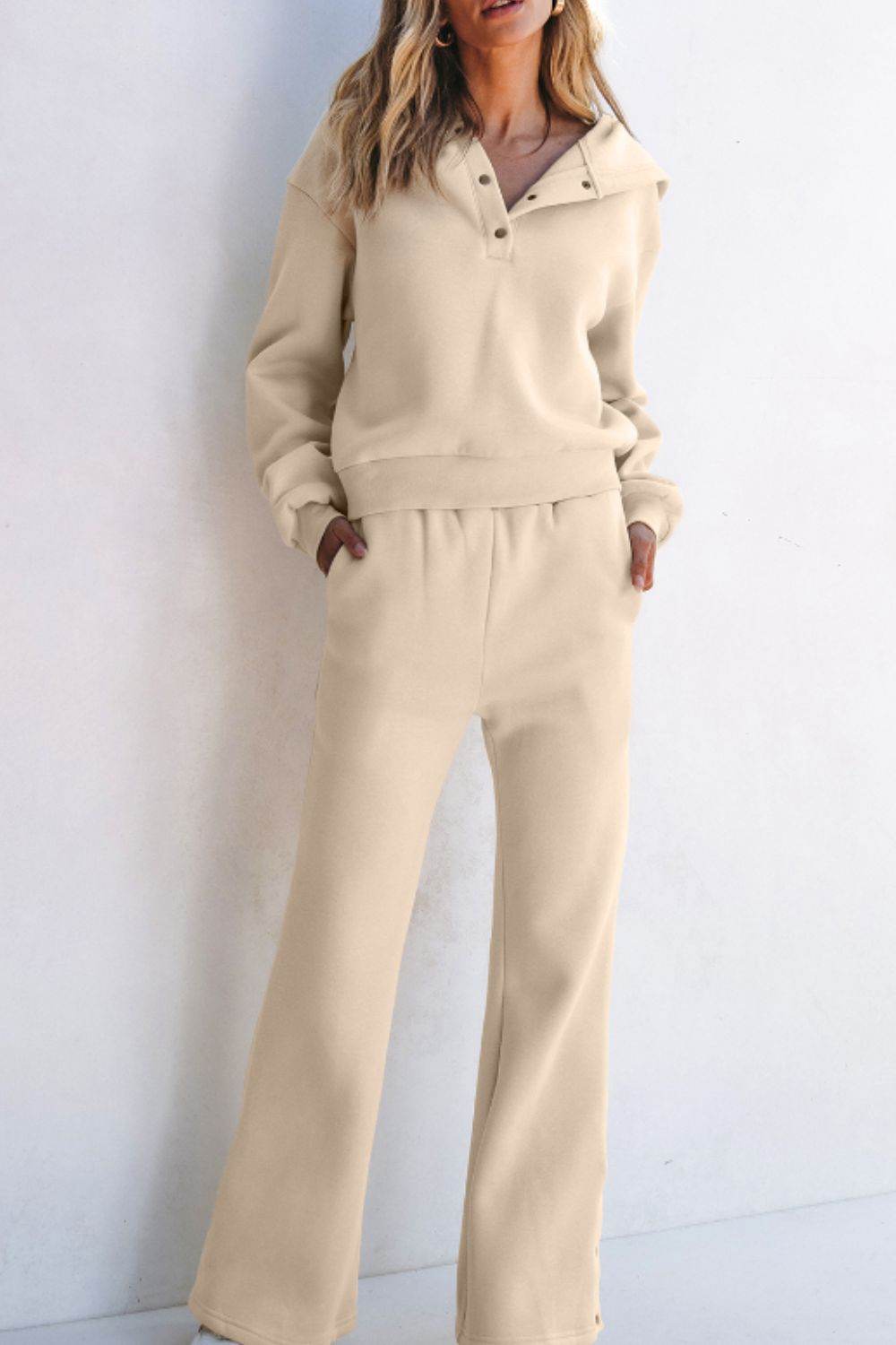 Half Snap Long Sleeve Hooded Top and Pants Set - Delanoir