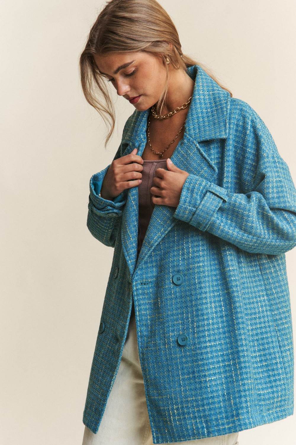 J.NNA Tweed Double-Breasted Long Sleeve Coat - Delanoir