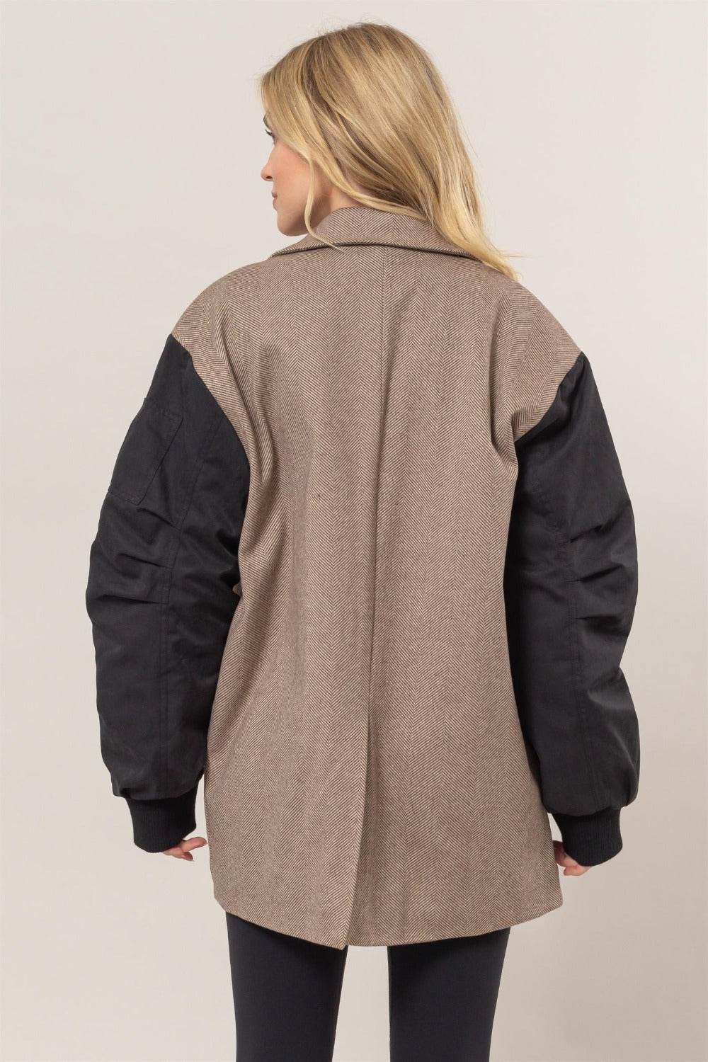 HYFVE Herringbone Mixed Media Contrast Long Sleeve Blazer - Delanoir