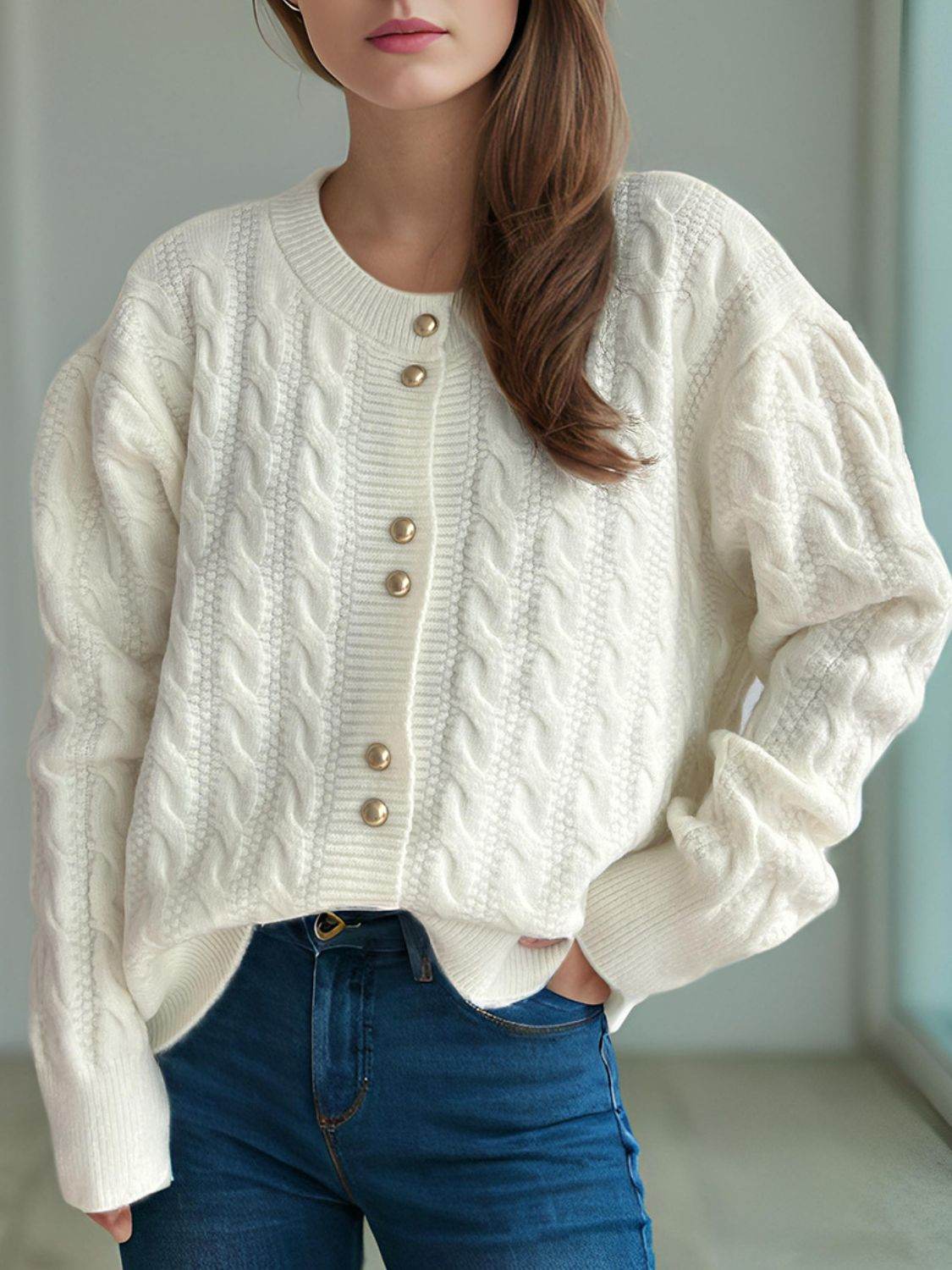 Cable-Knit Round Neck Long Sleeve Cardigan - Delanoir