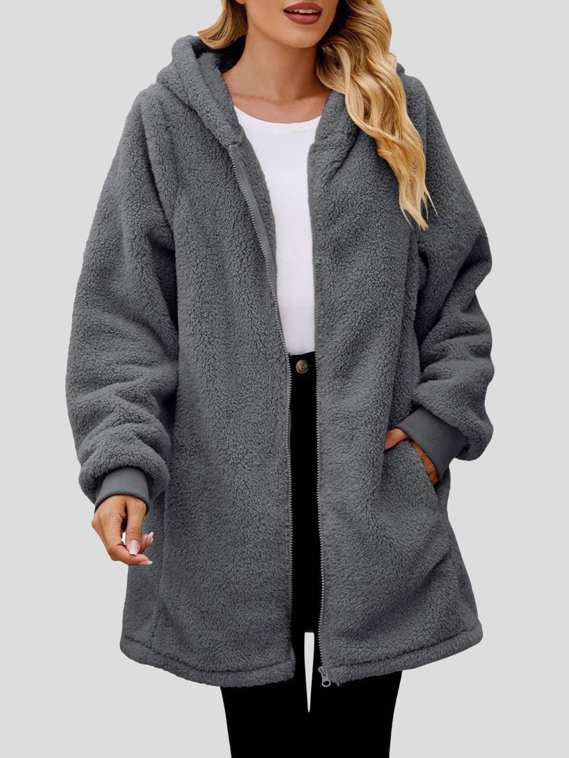 Fuzzy Pocketed Zip Up Long Sleeve Hooded Jacket - Delanoir