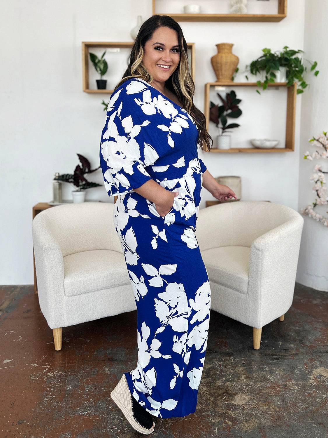 Double Take Full Size Printed Tie Back Wide Leg Jumpsuit - Delanoir