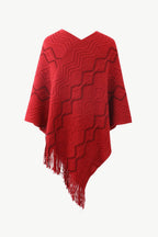 Pearl Trim V-Neck Fringe Hem Poncho - Delanoir