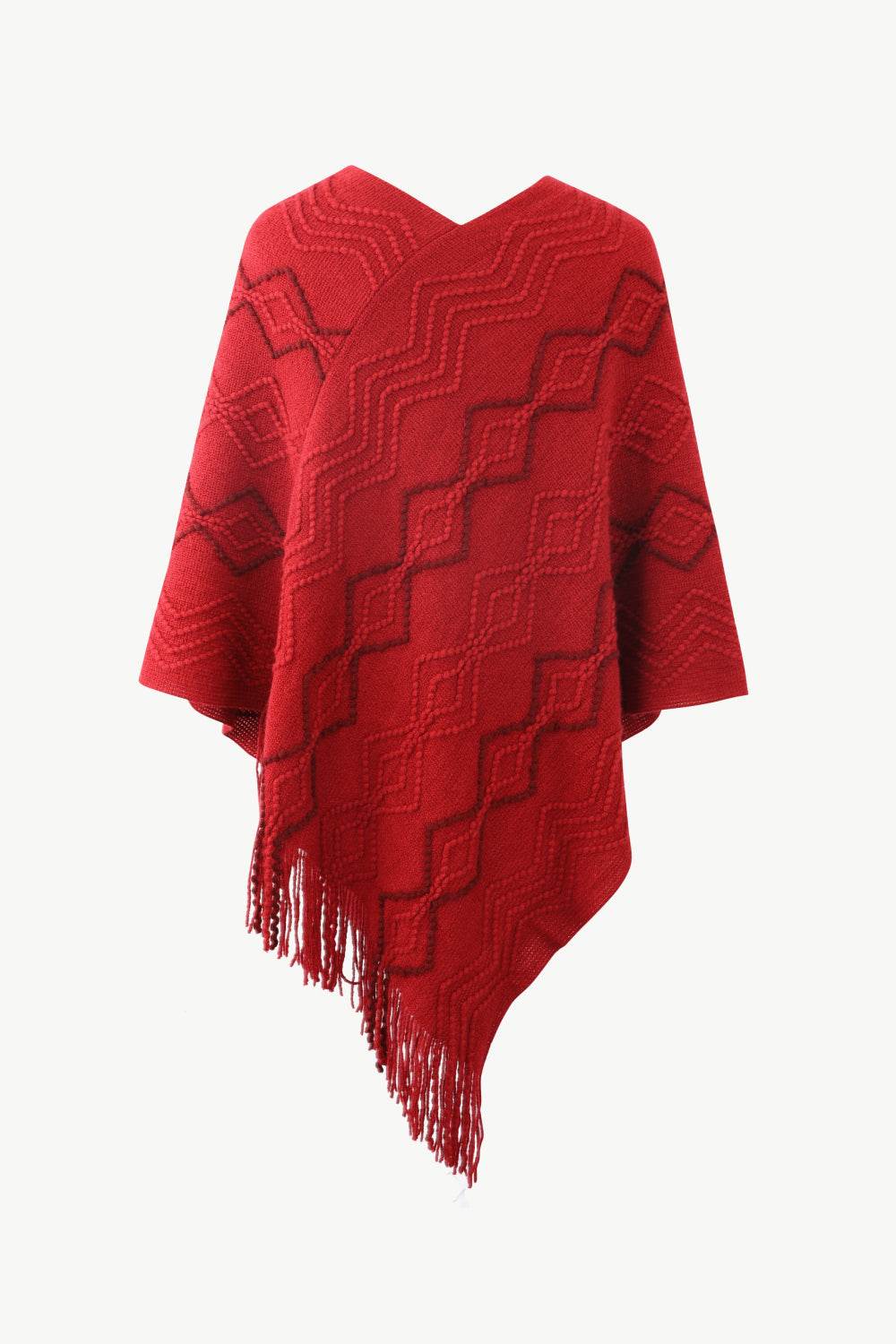 Pearl Trim V-Neck Fringe Hem Poncho - Delanoir