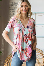 Heimish Full Size Floral V-Neck Short Sleeve Babydoll Blouse - Delanoir