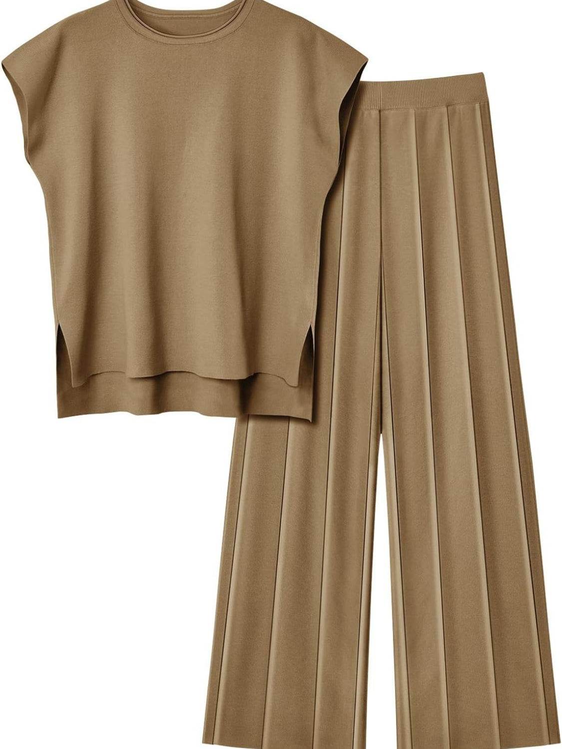 Round Neck Cap Sleeve Top and Pants Knit Set - Delanoir