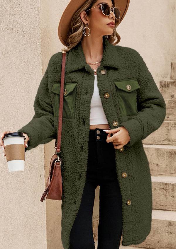 Collared Neck Long Sleeve Longline Teddy Jacket - Delanoir