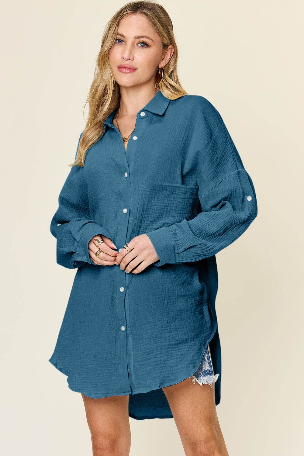 Double Take Full Size Pocketed Texture Button Up Shirt - Delanoir