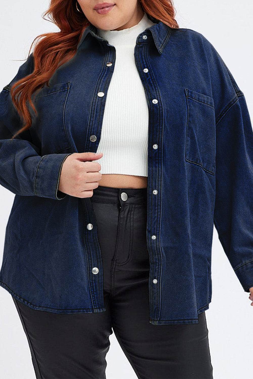 Plus Size Snap Down Pocketed Denim Jacket - Delanoir
