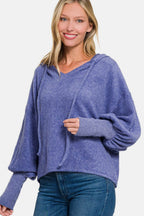 Zenana Brushed Hacci Drop Shoulder Cropped Hoodie - Delanoir
