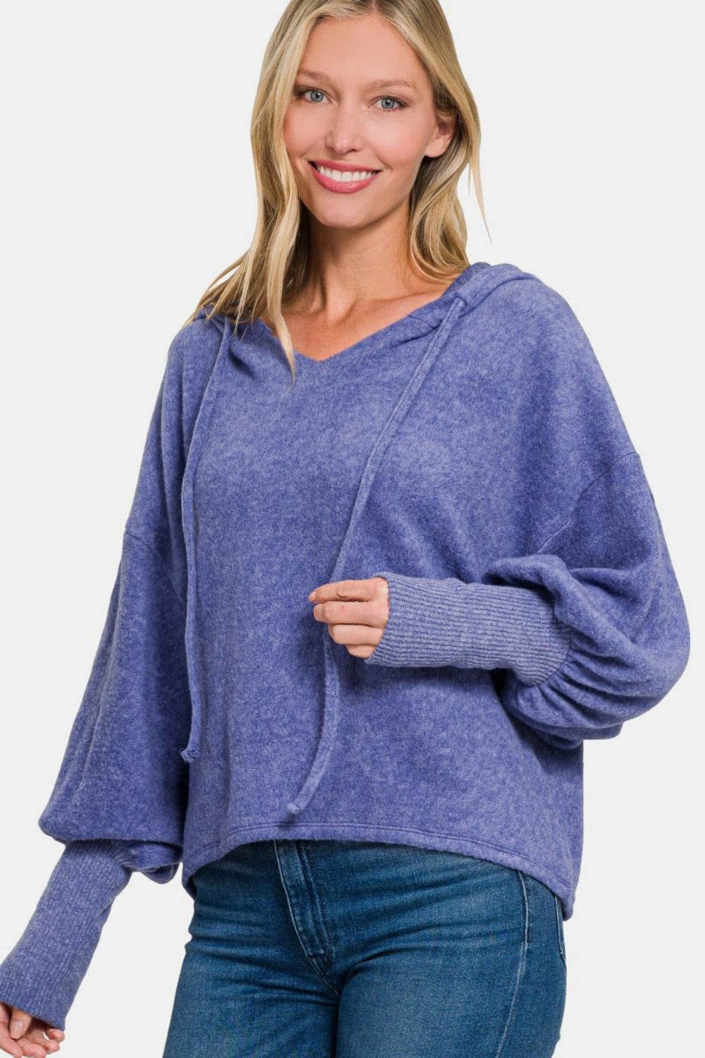 Zenana Brushed Hacci Drop Shoulder Cropped Hoodie - Delanoir