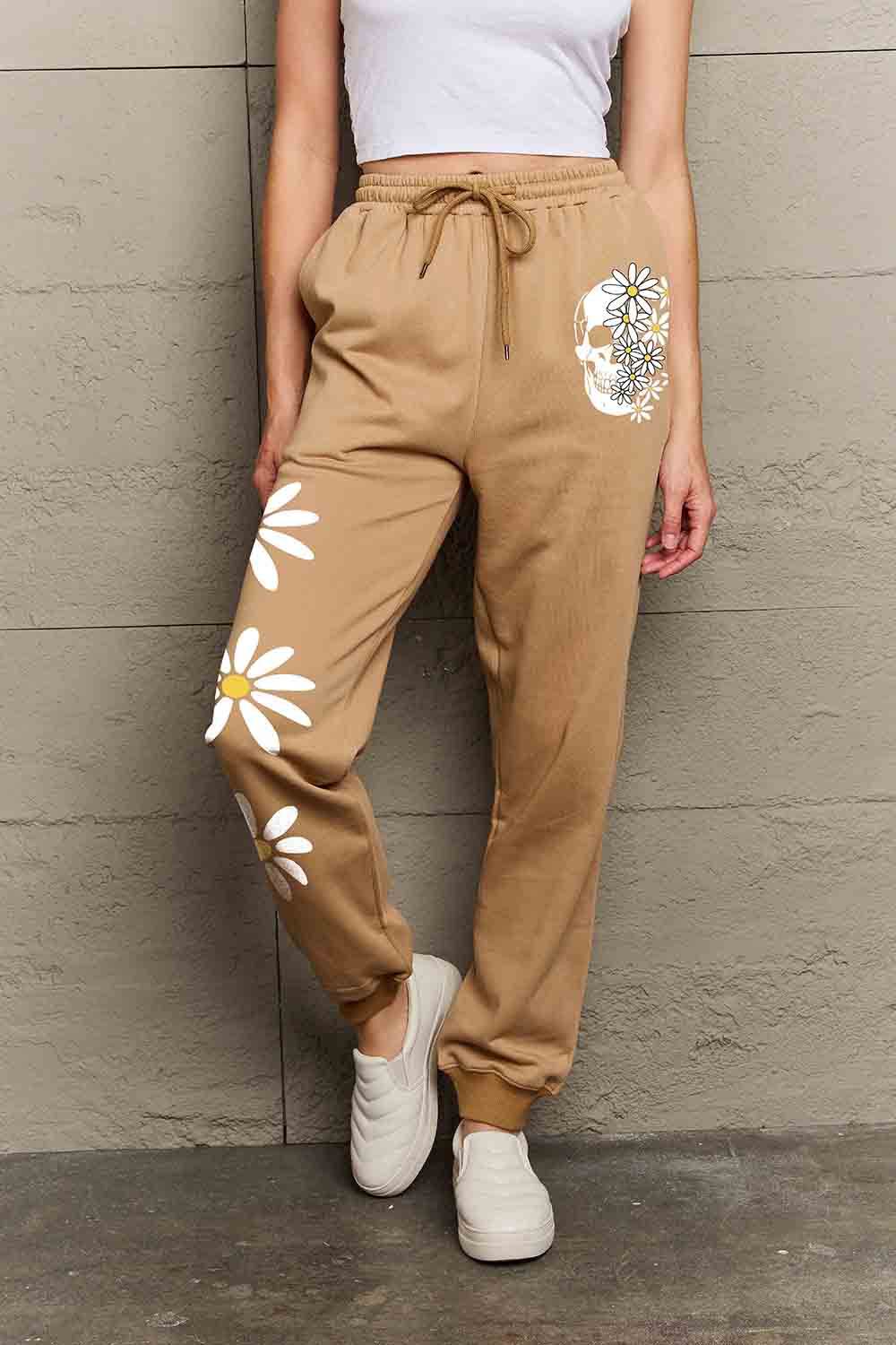Simply Love Simply Love Full Size Drawstring Flower & Skull Graphic Long Sweatpants - Delanoir