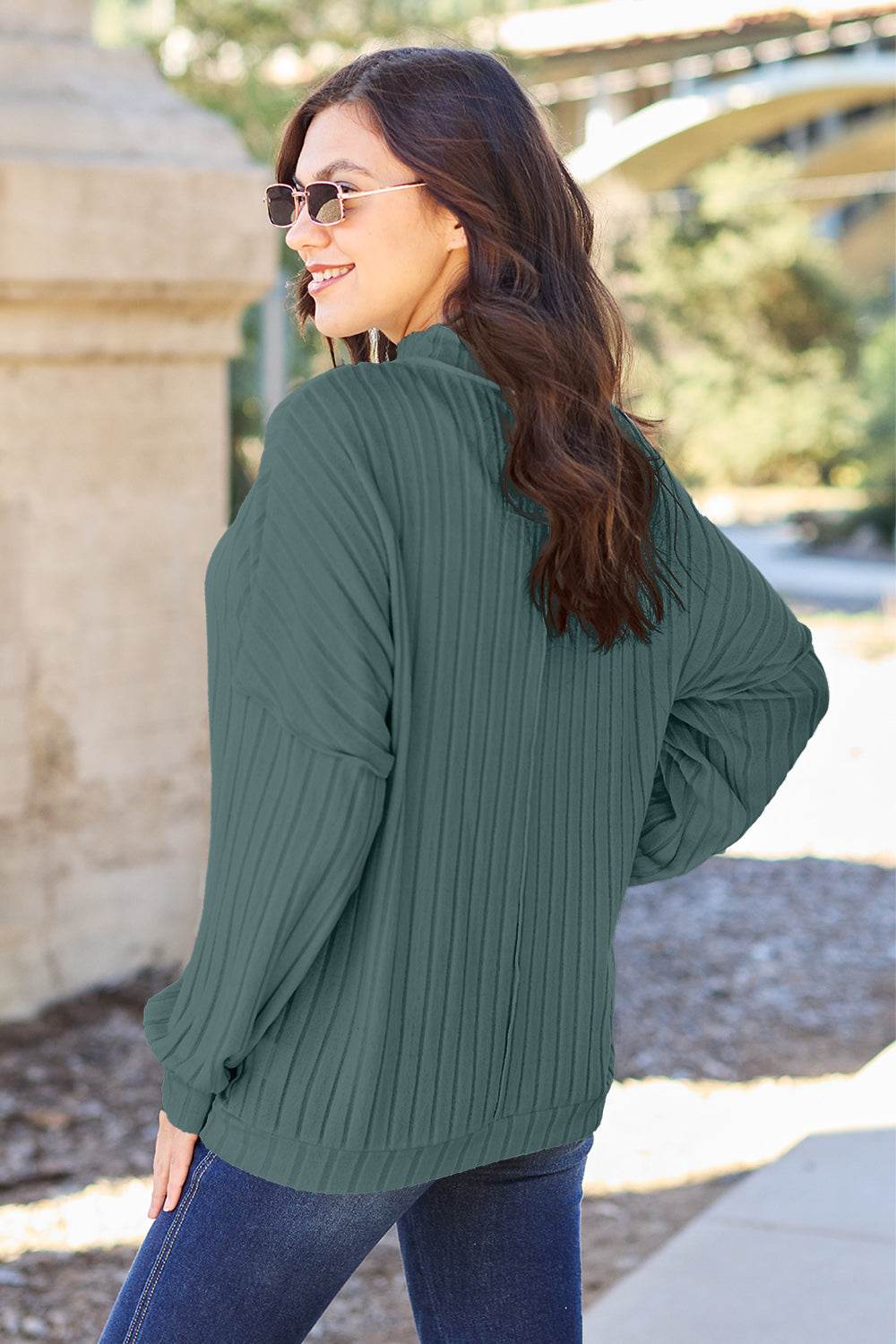 Basic Bae Full Size Ribbed Exposed Seam Mock Neck Knit Top - Delanoir