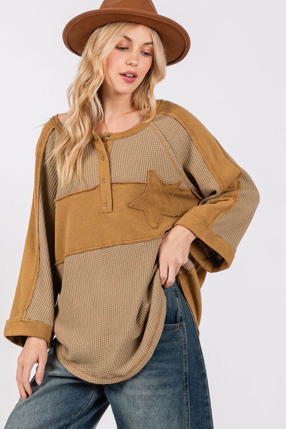SAGE + FIG Star Applique Patch Exposed Seam Waffle Knit Top - Delanoir