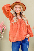 And The Why Swiss Dot V Neck Balloon Sleeve Woven Blouse - Delanoir
