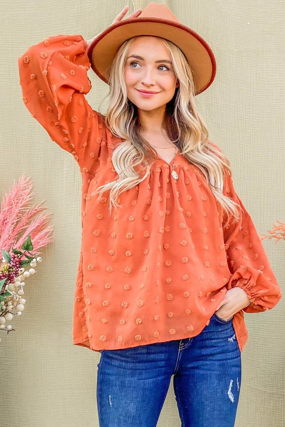 And The Why Swiss Dot V Neck Balloon Sleeve Woven Blouse - Delanoir