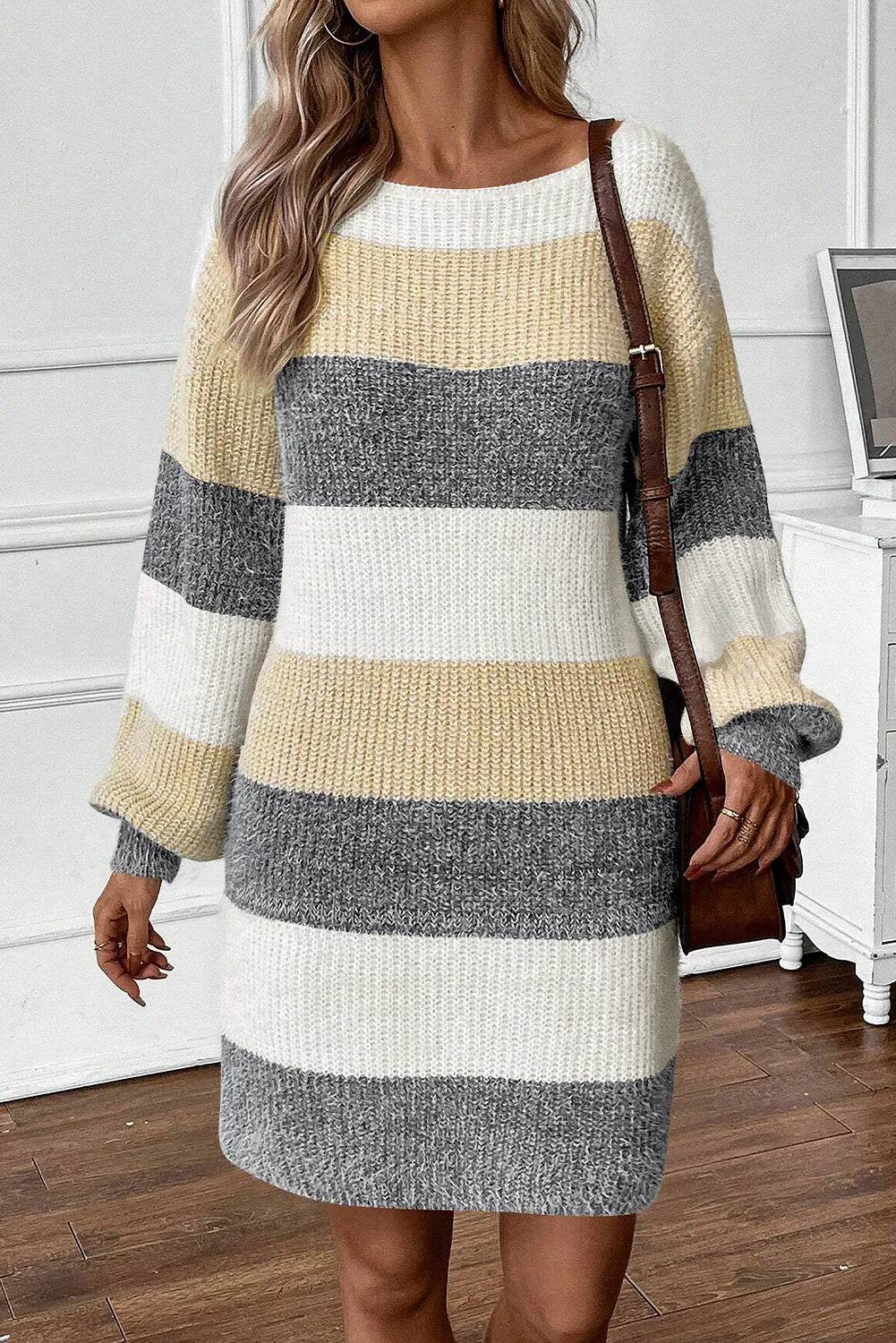 Color Block Boat Neck Long Sleeve Sweater Dress - Delanoir
