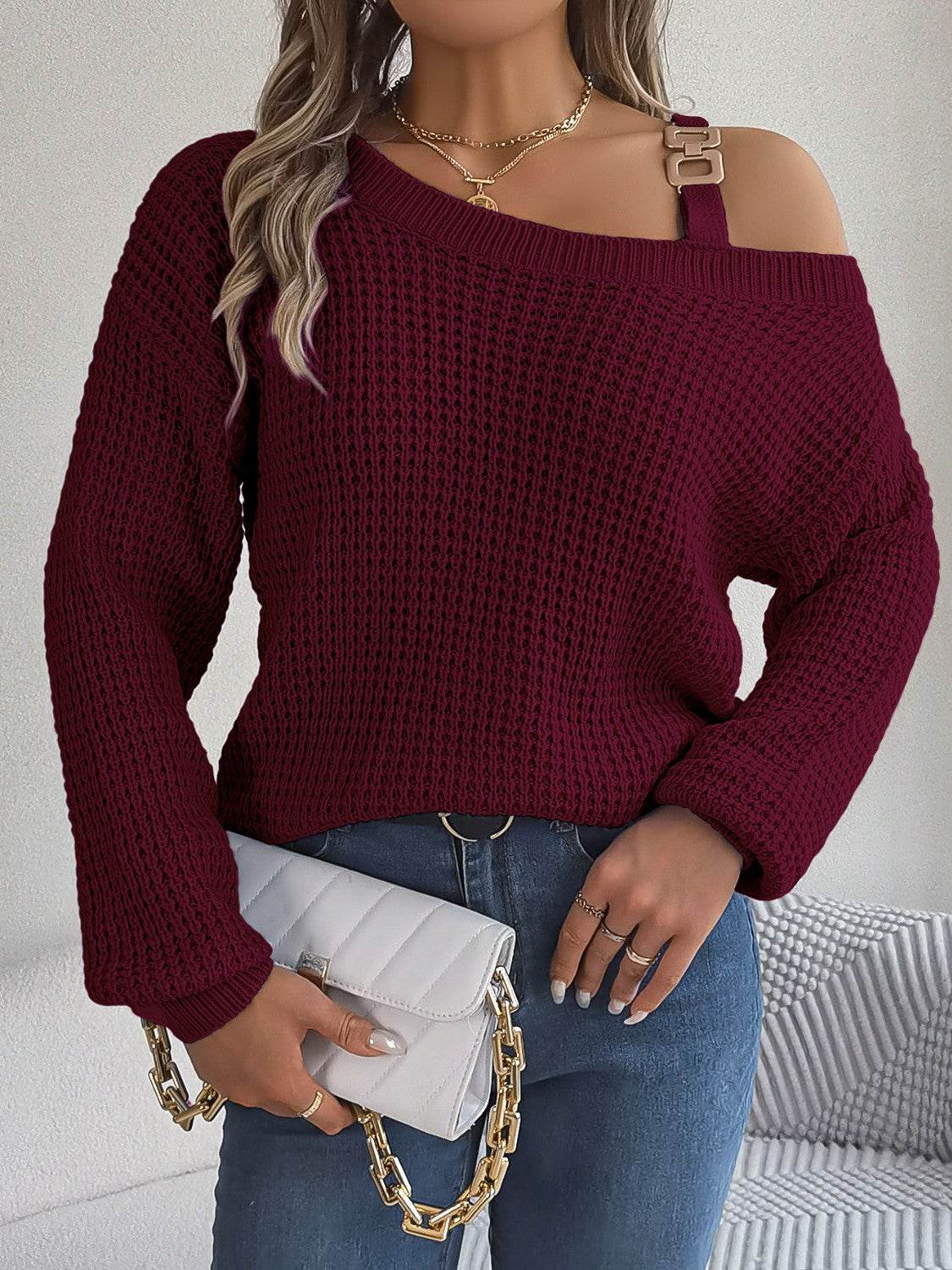 Asymmetrical Neck Long Sleeve Sweater - Delanoir