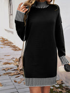 Devine Striped Mock Neck Long Sleeve Sweater Dress - Delanoir