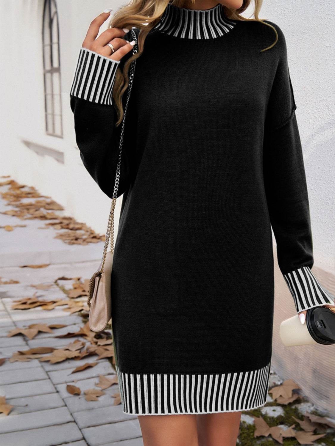 Devine Striped Mock Neck Long Sleeve Sweater Dress - Delanoir