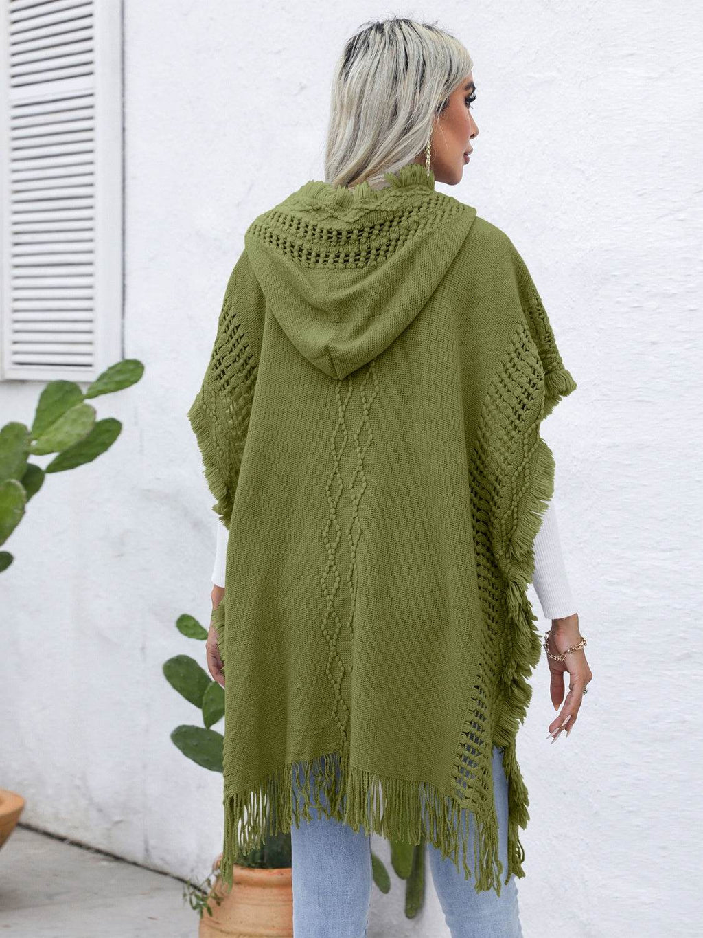 Fringe Trim Buttoned Hooded Poncho - Delanoir