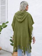 Fringe Trim Buttoned Hooded Poncho - Delanoir