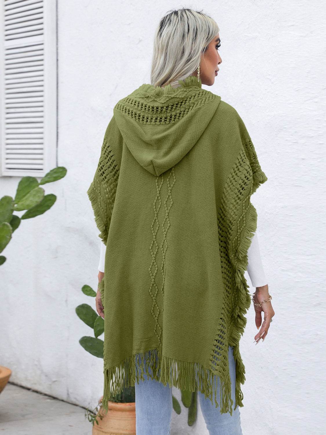 Fringe Trim Buttoned Hooded Poncho - Delanoir