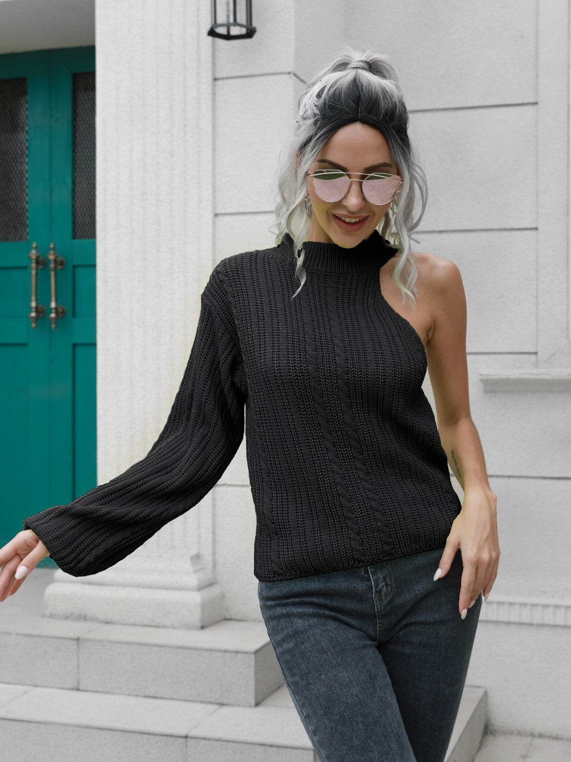 Cable-Knit Round Neck Asymmetrical Sweater - Delanoir