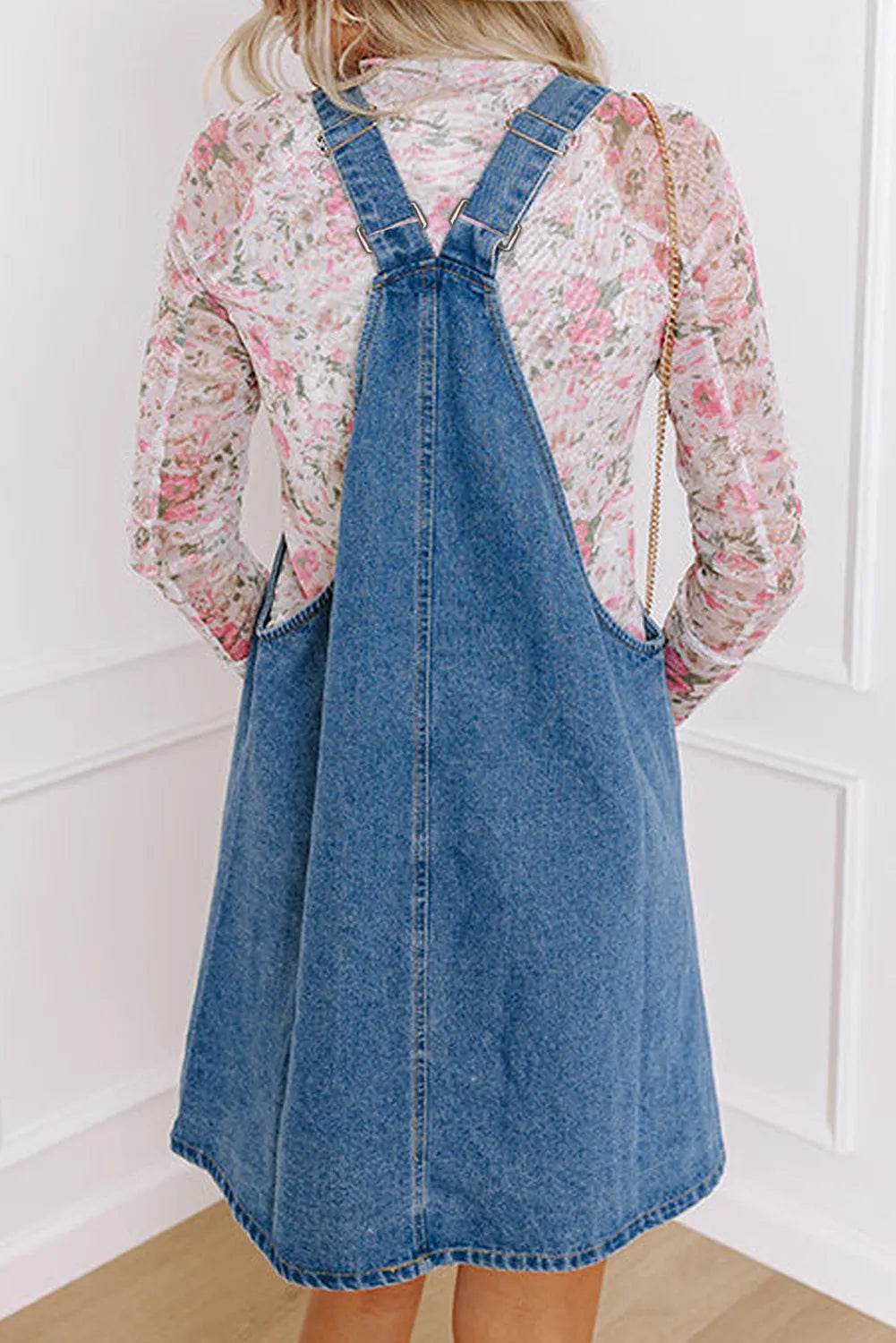 Square Neck Wide Strap Denim Overall Dress - Delanoir