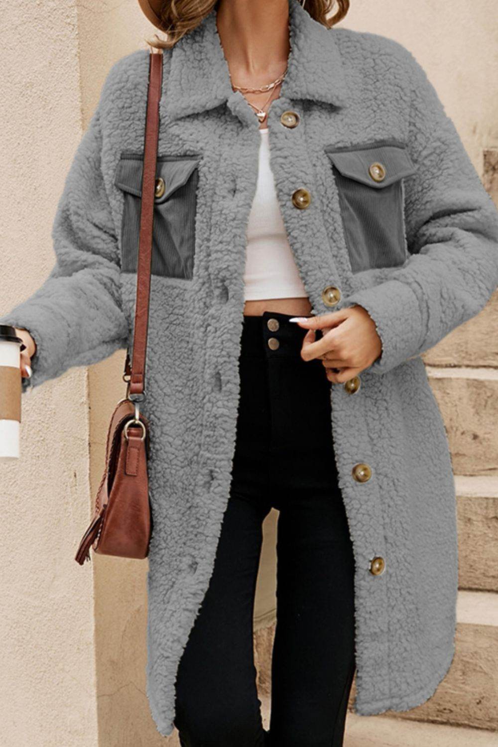 Collared Neck Long Sleeve Longline Teddy Jacket - Delanoir