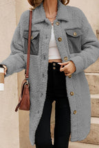 Collared Neck Long Sleeve Longline Teddy Jacket - Delanoir