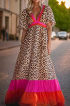 Full Size Leopard V-Neck Half Sleeve Maxi Dress - Delanoir