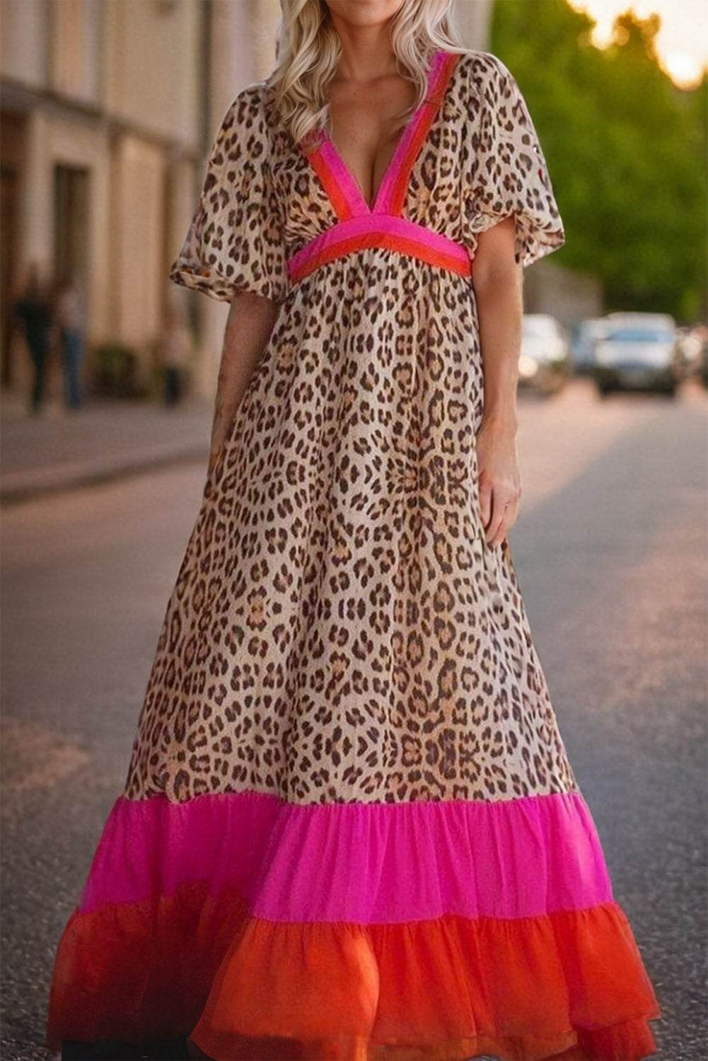 Full Size Leopard V-Neck Half Sleeve Maxi Dress - Delanoir