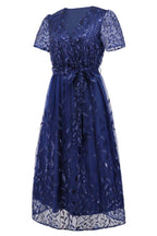 Sequin Leaf Embroidery Tie Front Short Sleeve Dress - Delanoir