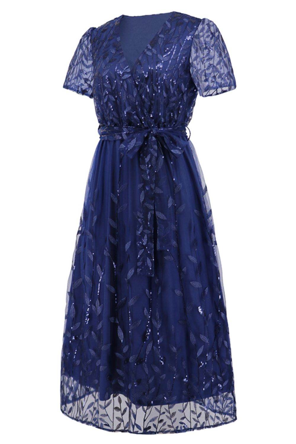 Sequin Leaf Embroidery Tie Front Short Sleeve Dress - Delanoir
