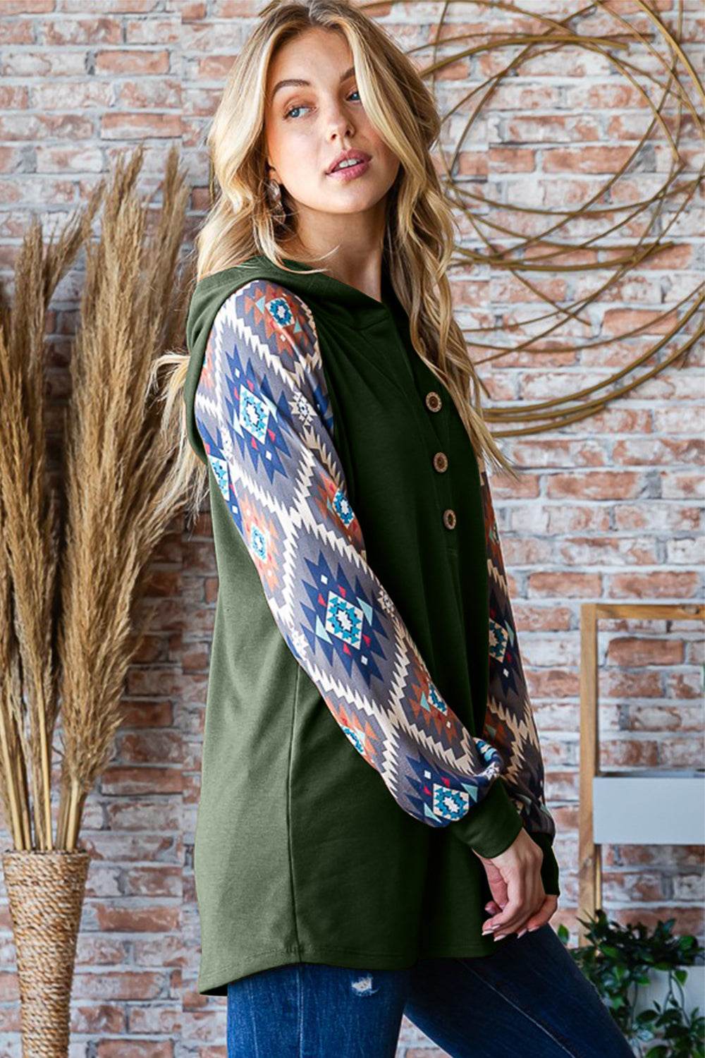 Heimish Full Size Half Button Printed Long Sleeve Hooded Top - Delanoir