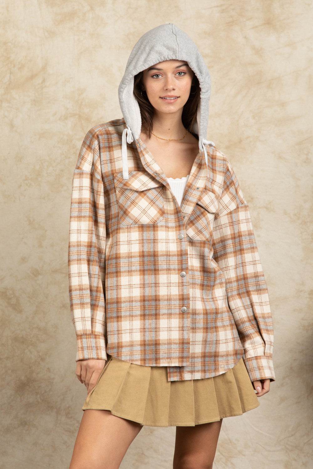 Drawstring Plaid Long Sleeve Hooded Jacket - Delanoir