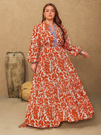 Plus Size Printed Notched Long Sleeve Maxi Dress - Delanoir