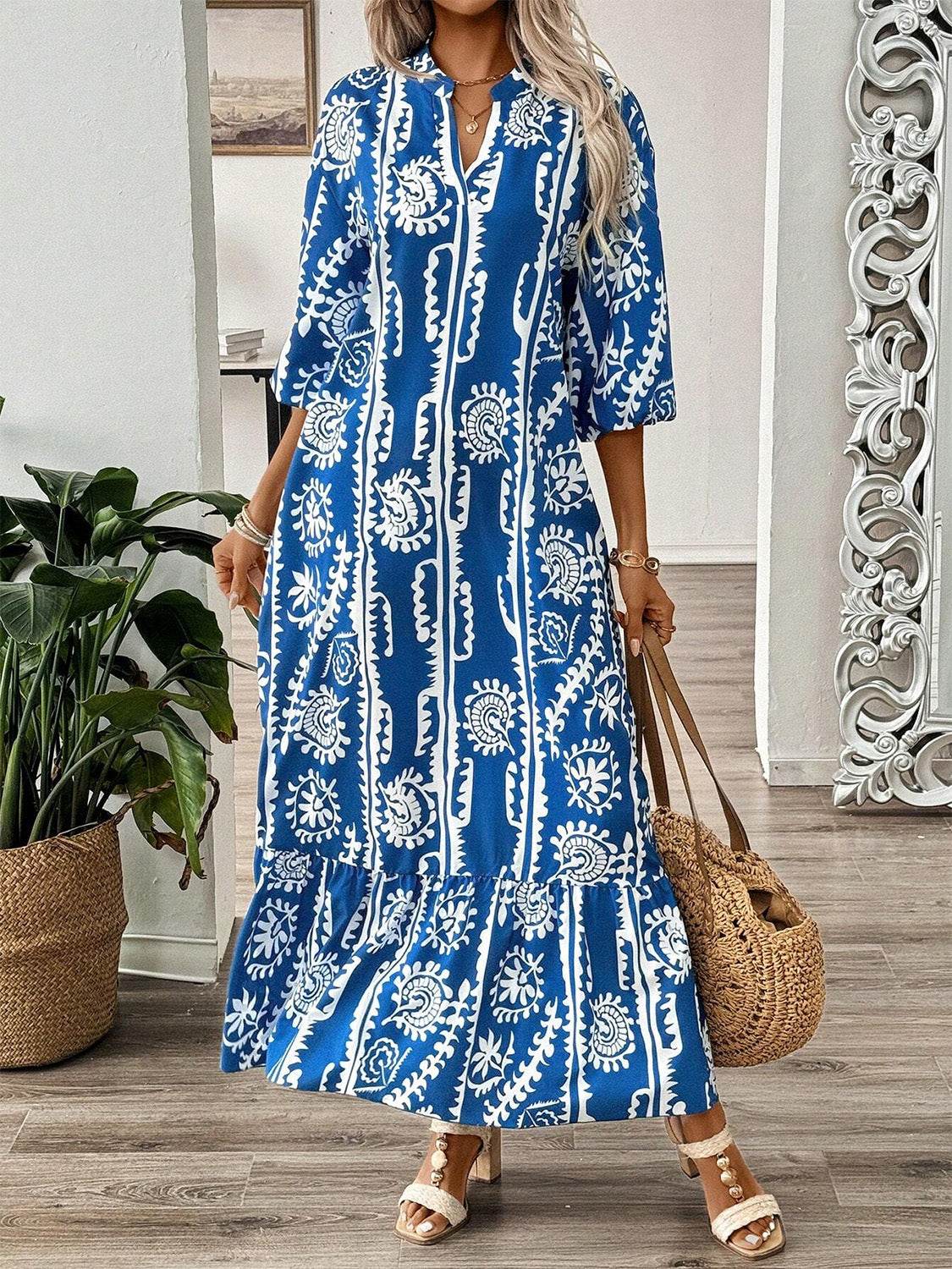 Printed Notched Half Sleeve Maxi Dress - Delanoir
