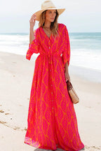 Drawstring Printed V-Neck Maxi Dress - Delanoir