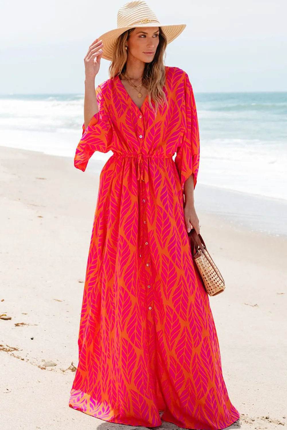 Drawstring Printed V-Neck Maxi Dress - Delanoir