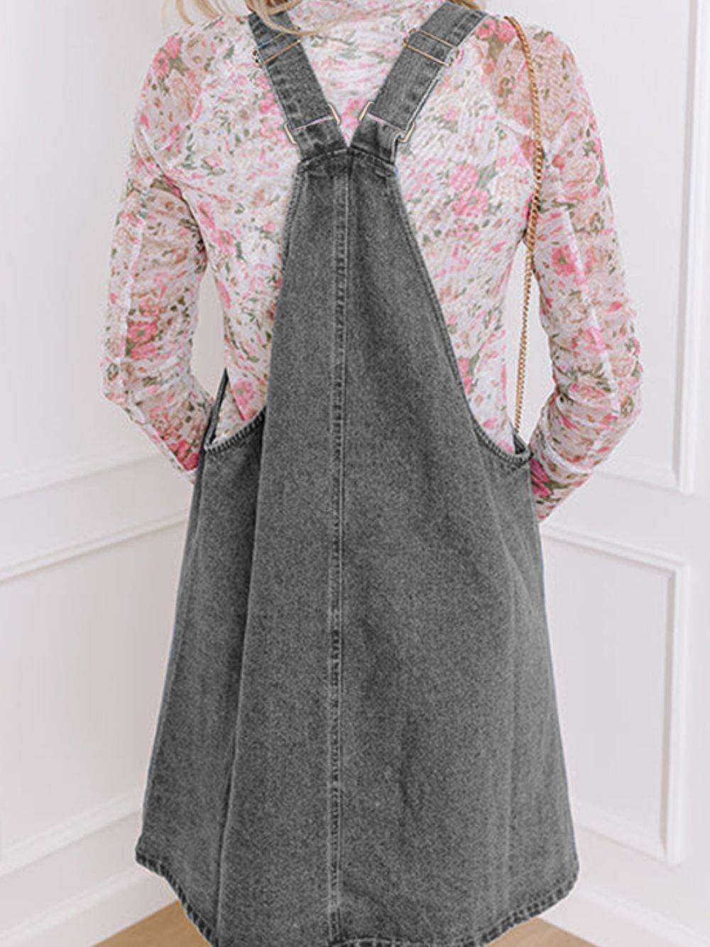 Wide Strap Button Down Denim Overall Dress - Delanoir