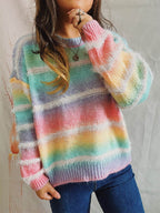 Striped Round Neck Long Sleeve Sweater - Delanoir